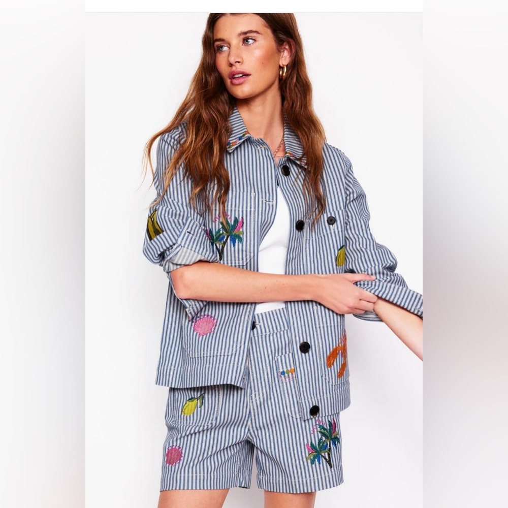 Boden Blue and White Striped shorts with Embroidered Accents- NWT